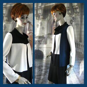 St. John Suit Size 10 Color Block Fine Knit Wool Blend Black White and Blue